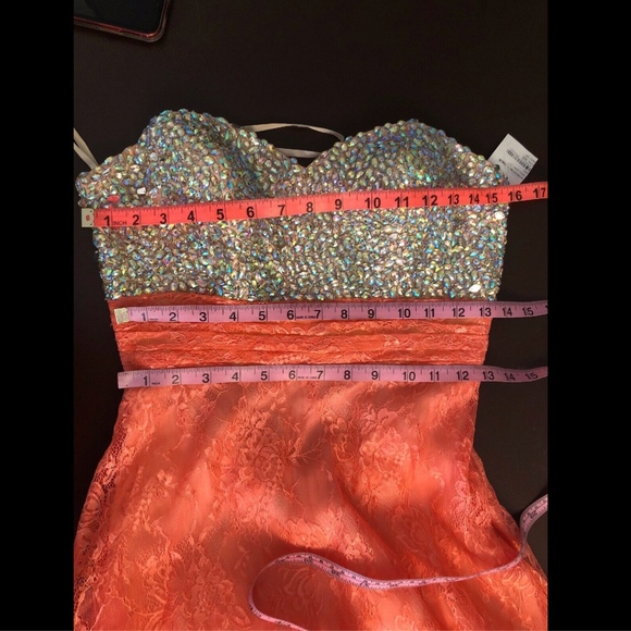 NEW La Femme [ 6 ] Embellished Jeweled Strapless‎ Lace Gown in Hot Coral - Picture 7 of 9